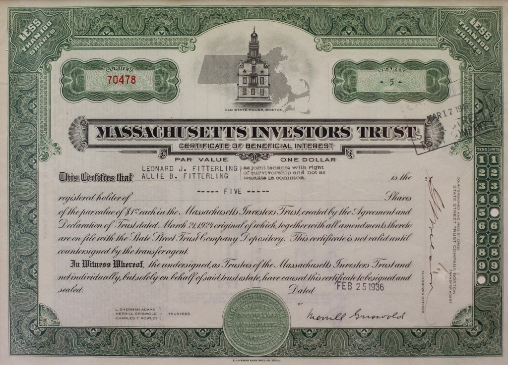 Certificate of first mutual fund - Massachusetts Investors Trust