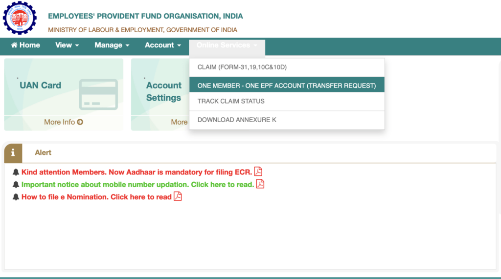 After successfully logging in, click on One Member - One EPF Account (Transfer Request) 